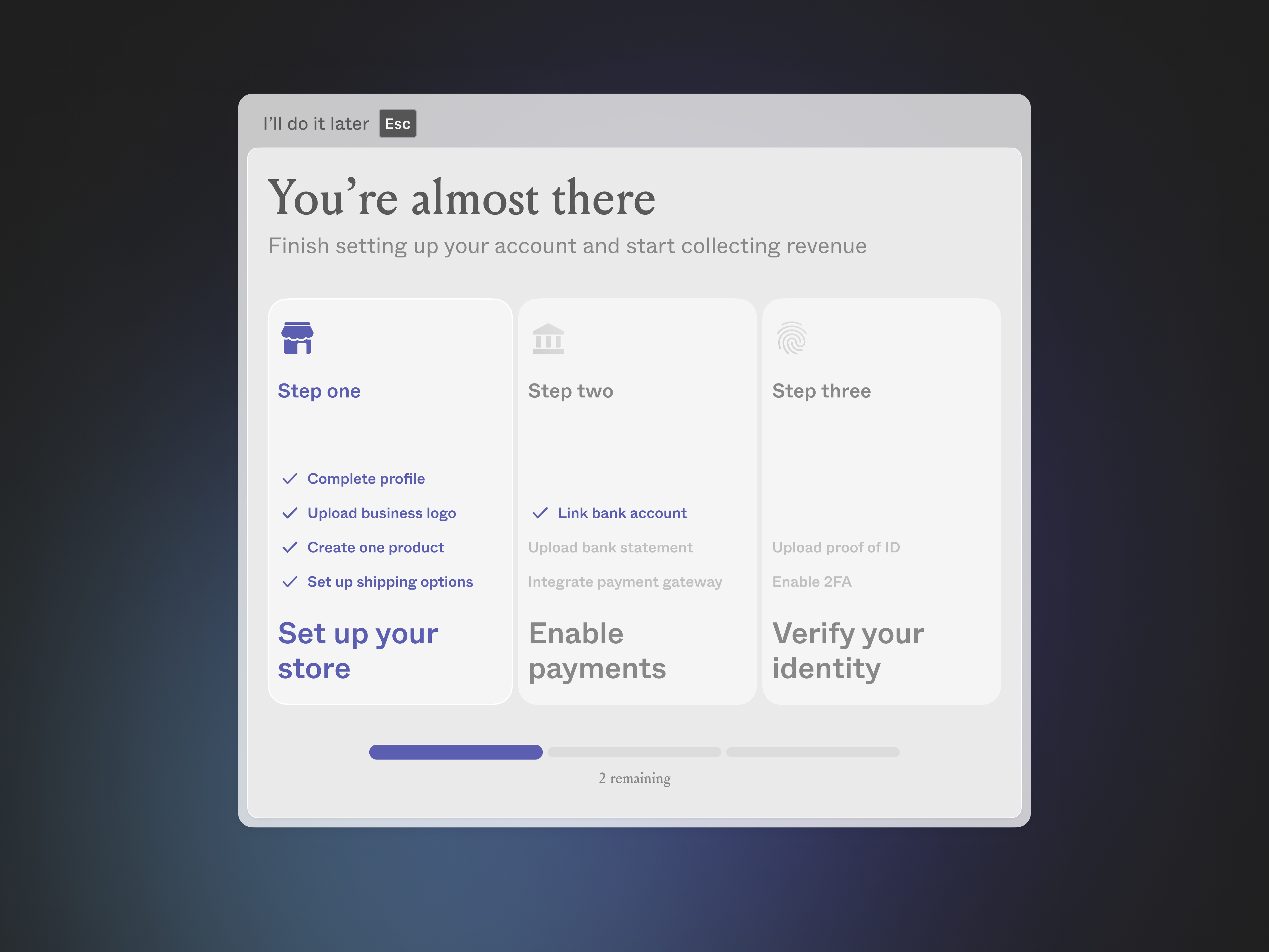 ecommerce onboarding process blue box cards dialog ecommerce modal process setup steps store ui window
