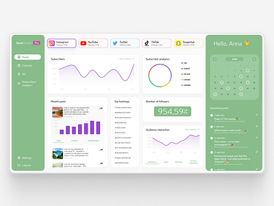 Social media dashboard app app design blog calendar dashboard design green instagram social media tiktok travel twitter ui ux webdesign youtube