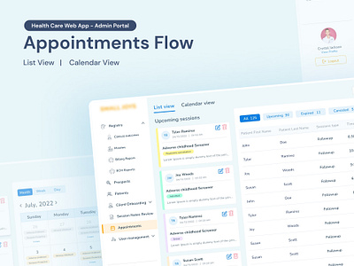 Health Care Web App UI design - Admin Portal: Appointments Flow admin portal appointments appointments flow calendar calendar view health care list view ui ui design web app