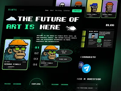 NFT Landing Page Design blockchain crypto cryptocurrency design hero landing page market place minimal nft nft art nft landing page nft market place nft website nfts pixel pixel nft ui ux web design website design