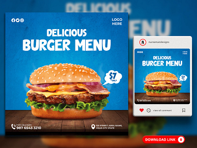 Delicious Burger Menu Restaurant Social Media Banner Templates ads design advertisement banner branding burger burger banner burger templae facebook ad fast food food banner food promotion graphic design instagram post promotional ads restaurant restaurant banner social media social media template template design web banner