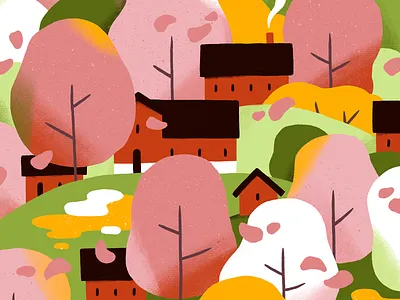 Spring Blossom bloom cherry blossom digital illustration hills houses illustration landscape pink procreate sakura spring trees