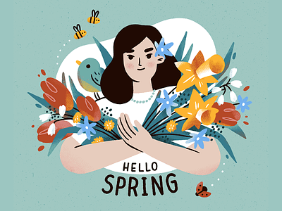 Hello Spring bees bird character daffodil digital illustration flowers girl illustration ladybug procreate spring tulip