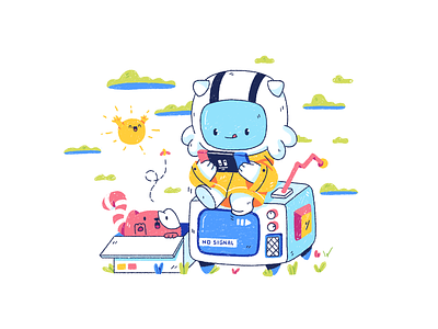 Playing on Handheld Console astronaut cat character cute games handheld illustration illustrator monster outside playful procreate vector video yellow