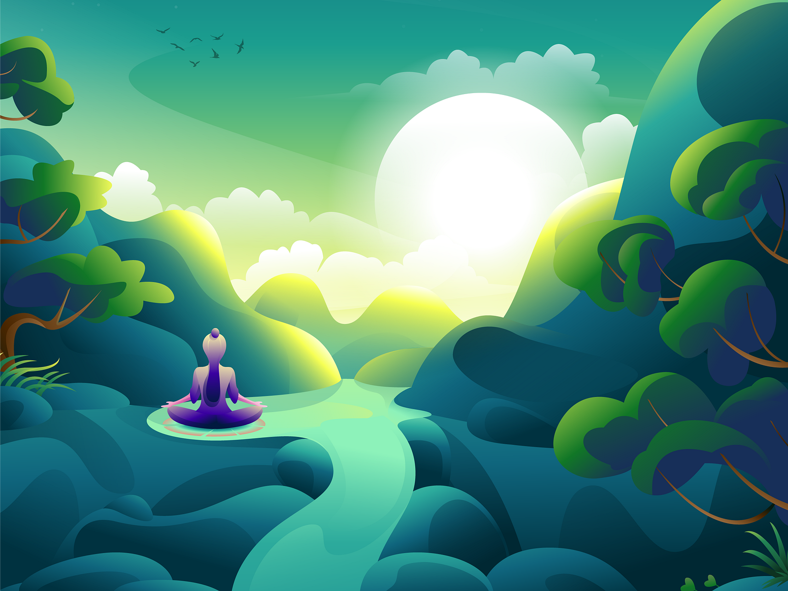 Meditation landscape illustration by Xin Yan on Dribbble