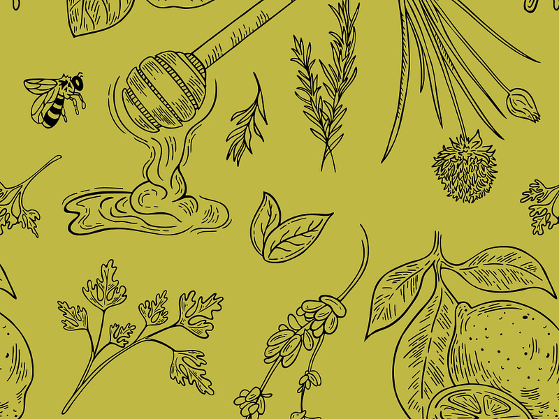 Spice & Herb Pattern Design bee chives drawing fabric herbs honey illustration illustration art illustrator lemon line art parsley pattern pattern design repeat pattern spices surface design surface pattern textile wallpaper