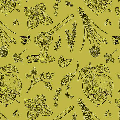 Spice & Herb Pattern Design bee chives drawing fabric herbs honey illustration illustration art illustrator lemon line art parsley pattern pattern design repeat pattern spices surface design surface pattern textile wallpaper