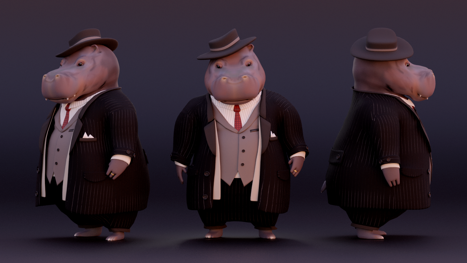 #154 Hippopotamus / Blender 3D, Character Design 3d africa animal anthropomorphic blender character criminal hippopotamus illustration mafia model vintage