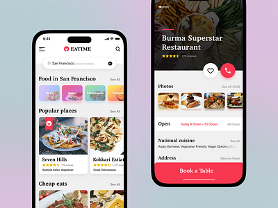 Eatime iOS Restaurant App app appliction book branding cards food ios light red search ui ux