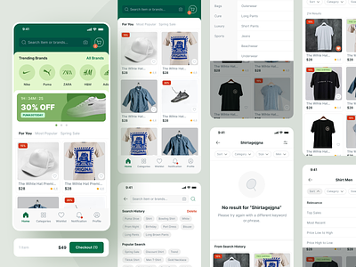 Home and Search Flow - Fashion Marketplace App auto text category clothes fashion filter marketplace men no result popular search price high to low price low to high relevance result search search history shoes size sort unisex vektora