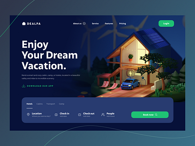 Smart cabin website 3d animation application blender branding cabin car cozy design graphic design hotel illustration lake logo modelling search smart ui vacation website