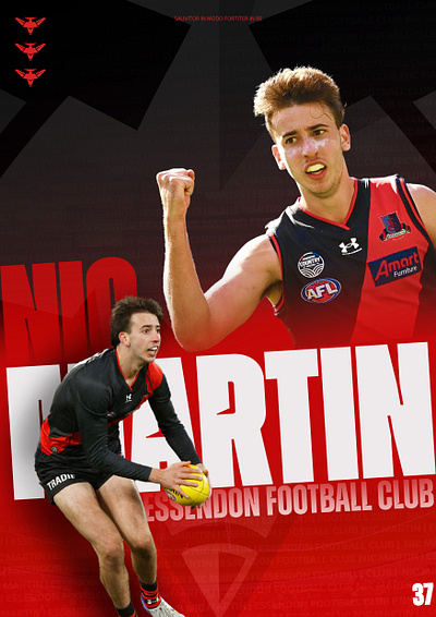 Bombers Poster || Nic Martin #37 afl australia black blending branding celebration essendon football graphic design hero imagery league photo photoshop poster red sport