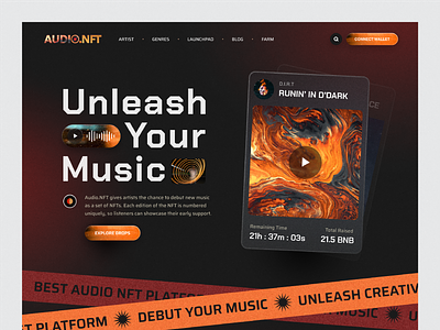 Audio.nft - Audio NFT marketplace website design. audio marketplace audio nft audio platform branding dark ui design graphic design landing page marketplace music nft typography ui ux web design website