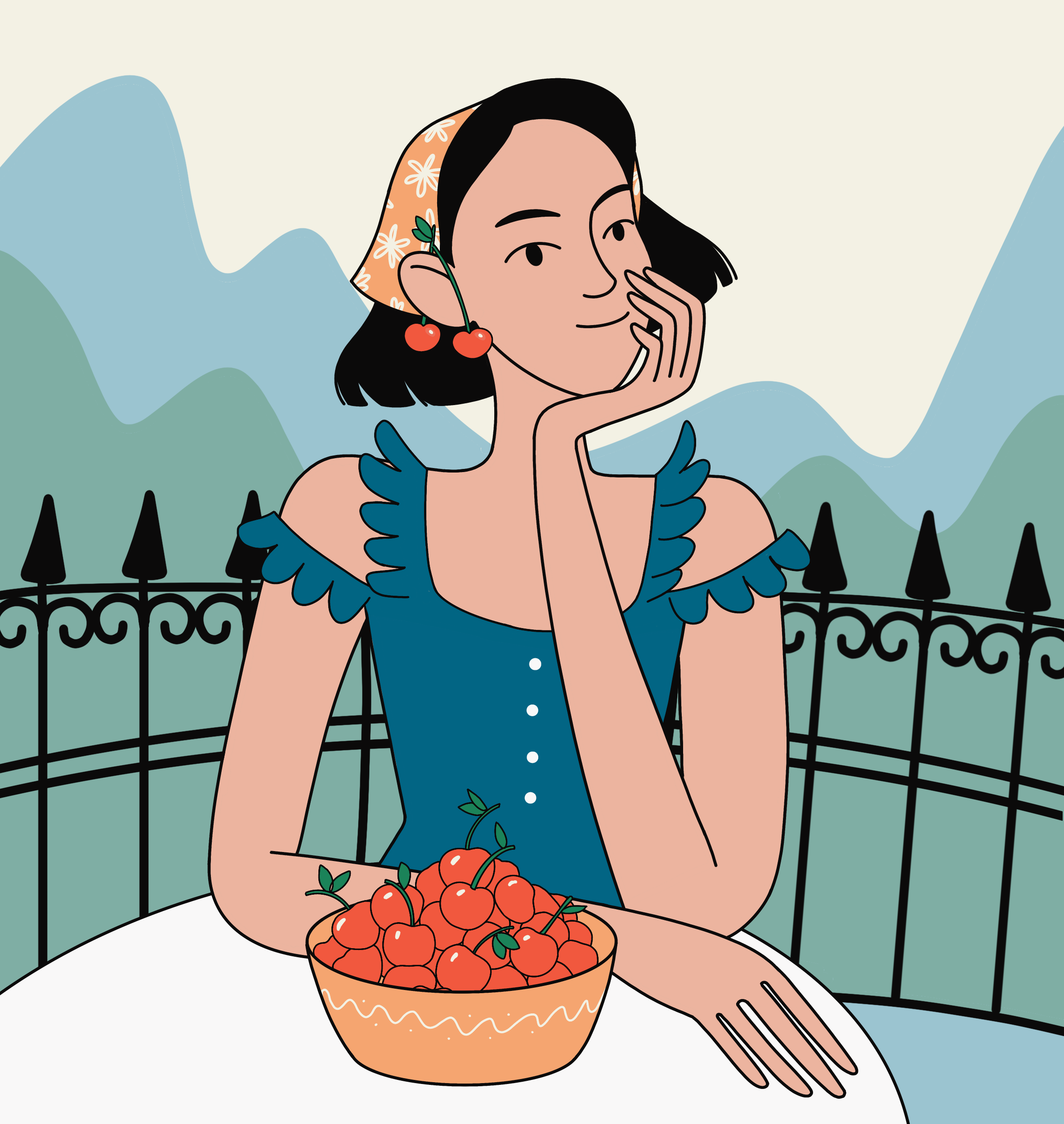 Cherries berry character cherry dress girl illustration