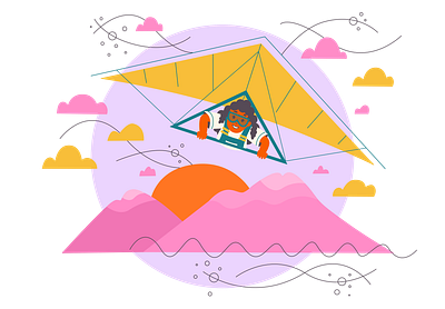 Seasonal illustrations for various products animation art branding flight paraglider people rest summer swimming pool vector