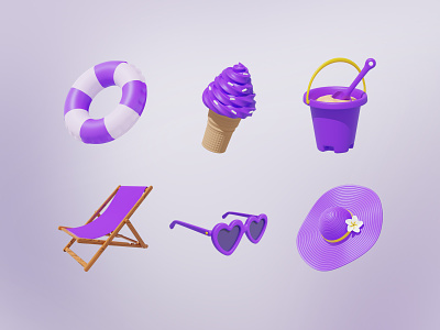 Summer purple 3d icons 3d 3d icons blender bucket c4d design ice cream summer summer toys sunbed sunglasses sunhat ui web website
