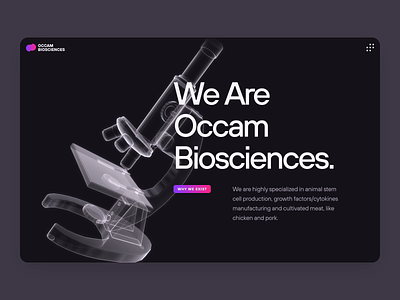 Occam Biosciences | Stem Cell Startup | UI/UX 2023 | About Us 3d about agriculture animation biology biotech cell cultivated meat dark engineering food genetics lab grown landing page meat purple science stem cell tissue web design