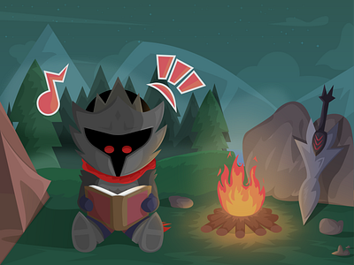 Knight's night 2d campfire cartoon character chibi design fantasy graphic design illustration landscape mountain vector