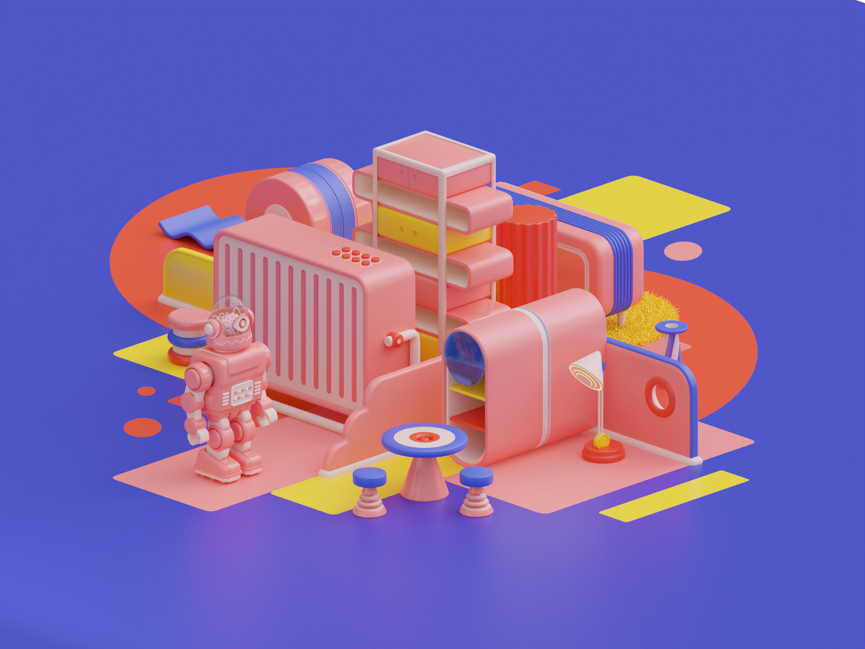 Robbo memphis composition 3d 3dart app appdesign blender3d cinema4d colors design furniture geometric illustration interior isometric memphis render robot set style ui web