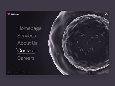 Occam Biosciences | Stem Cell Biomeat | UI/UX 2023 | Main Menu 3d agrifulcure animation biofood biology biomeat biotech cell cellular dark disease food interaction main menu menu science stem cell therapeutics ui web design