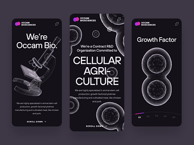 Occam Biosciences | Stem Cell Startup | UI/UX 2023 | Mobile 1 3d agriculture animation biology biomeat biotech cell cultivated meat dark disease food menu mobile responsive science stem cell therapeutics ui ux web design