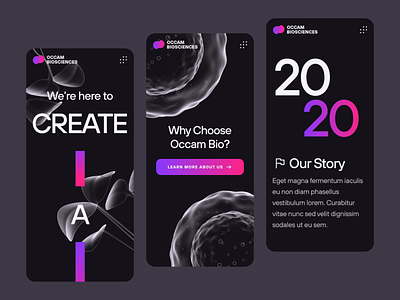 Occam Biosciences | Stem Cell Startup | UI/UX 2023 | Mobile 2 3d animation biofood biology biomeat biotech cell cultivated meat dark food genetics lab grown meat meat mobile responsive science stem cell therapeutics tissue engineering web design