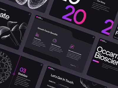 Occam Biosciences | Stem Cell Startup | UI/UX 2023 | Desktop 2 3d ai bacteria biofood biology biomeat biotech cell cultivated meat dark desktop lab grown meat machine learning meat science stem cell therapeutics ui ux web design