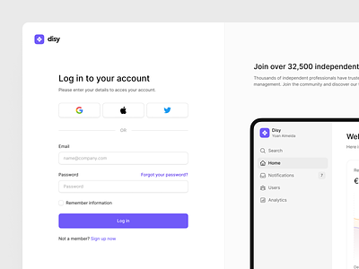 Disy — Saas Log in page account app connect disy form information input log in login minimalist product design profile saas sign in sign up signin signup text field ui ui kit