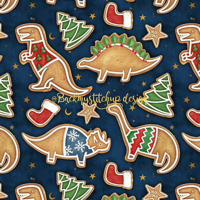 Gingerbread Dinosaurs biscuits childrens christmas cookies design dinos dinosaur fabric design food gingerbread illustration logo seamless pattern surface pattern textile design ui watercolor winter