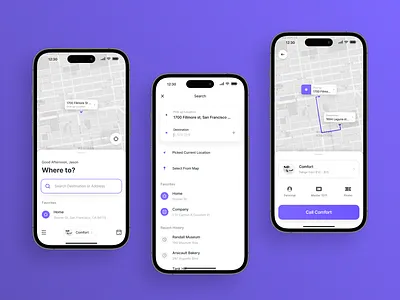 Ride Share Mobile App app clean design system fluent ios material mobile mobility product product design prototype purple ride simple trend ui user experience user interface ux visual design