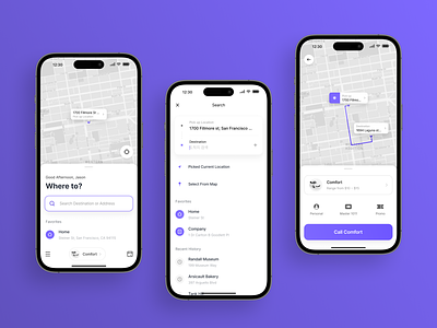 Ride Share Mobile App app clean design system fluent ios material mobile mobility product product design prototype purple ride simple trend ui user experience user interface ux visual design