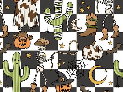 Western Halloween seamless pattern cactus childrens cowboy design fabric design fall holiday halloween illustration logo pumpkin seamless pattern skeleton surface pattern textile design ui watercolor western
