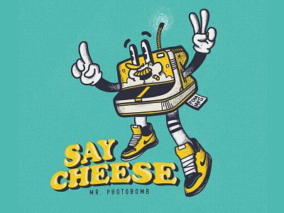 Say Cheese - Mr. Photobomb character hello iampommes illustration instant camera mascot mascot design mister photobomb nike photobomb photography polaroid pommes procreate retro rubberhose rubberhose character say cheese typography vintage