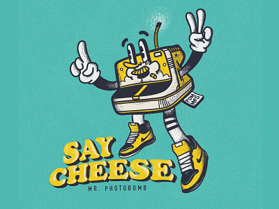 Say Cheese - Mr. Photobomb character hello iampommes illustration instant camera mascot mascot design mister photobomb nike photobomb photography polaroid pommes procreate retro rubberhose rubberhose character say cheese typography vintage