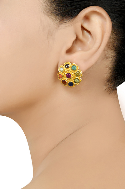 Navratna Earrings dholki beads necklace gold plated silver bangles manikarnika jewellery