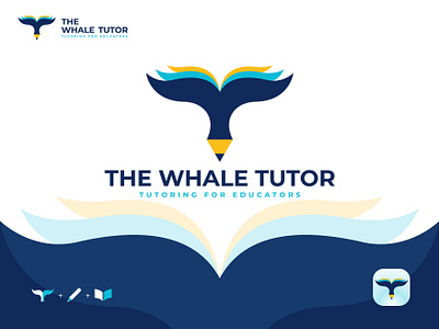 The Whale Tutor book logo branding education logo graphic design logo pen logo pencil logo whale logo