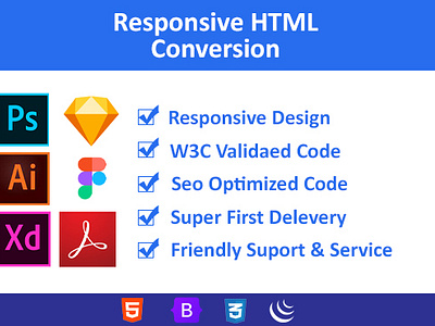 Convert PSD to HTML, xd to HTML, Sketch to HTML, and Bootstrap