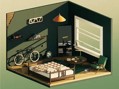 3D Room — Cyclist's house 3d 3droom bed bicycle books cinema4d fixedgear mirror rozov singlspeed visualisation wnbl
