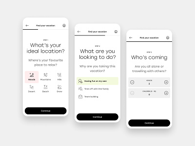 BestVacay - Concept app flow forms iconography icons intudicons mobile onboarding questions ui ux vacation wizard