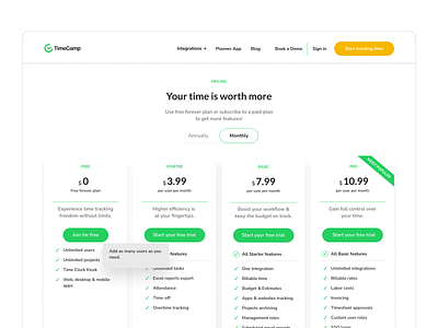 TimeCamp - Pricing list app ui ux web