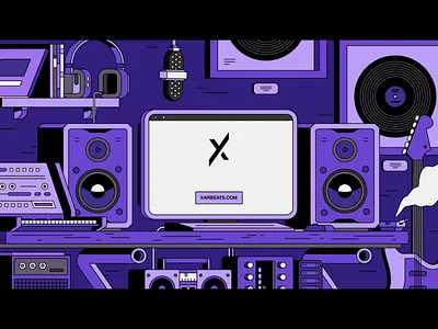 XarBeats – Animated Header amplifier boombox desk guitar headphones illustration imac korg korg ms20 library loops mic microphone motion design music studio producer rhox sample studio vinyl