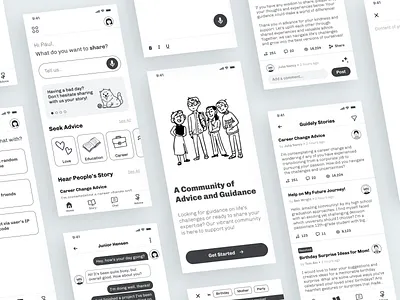 Guidely - Seek, Share, and Connect advice app black and white design mobile simple ui