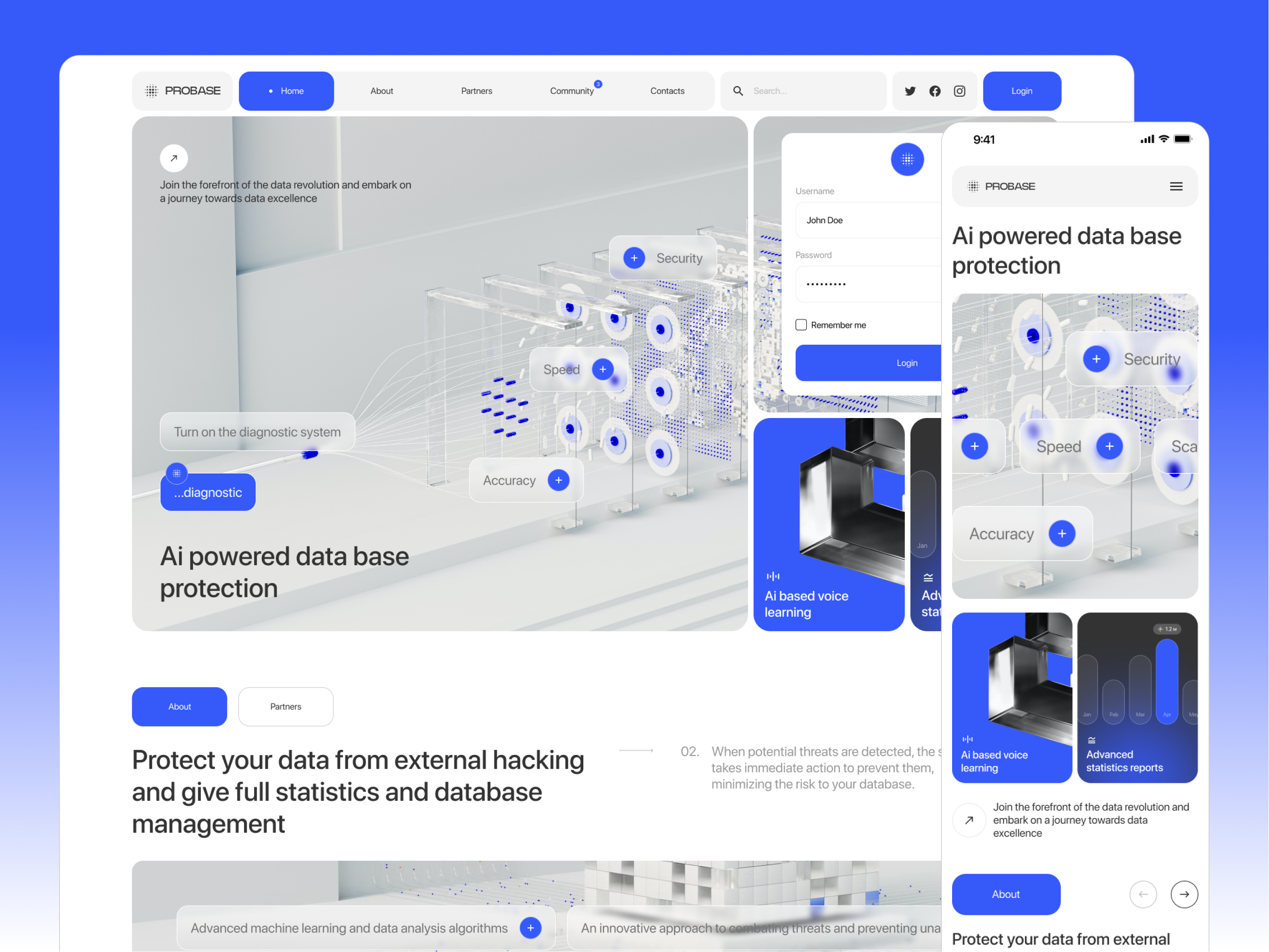 ProBase - AI powered data base protection 3d ai database ai powered platform ai startup api solution clean cyber security data data company database fintech graphql information technology landing page low code product protection saas design sql website design