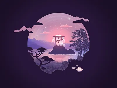 Japan landscape badge #6 affinity designer badge design illustration imagination japan lake landscape lotus flower sunrise torii tree vector vegetation