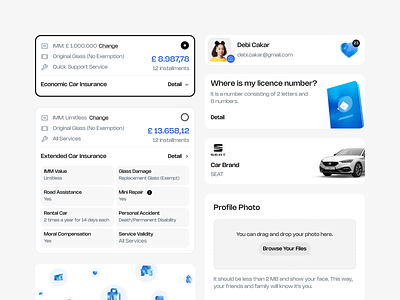 Insurance Brand - Quote Process Cards component design system insurance car insurance card marketing card message card modal offer card product design profile card quote card quote insurance quote process select box ui ui kit upload ux web app