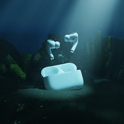 Headphones under water 3d airpods blender blender3d branding graphic design lighting practice product render underwater water
