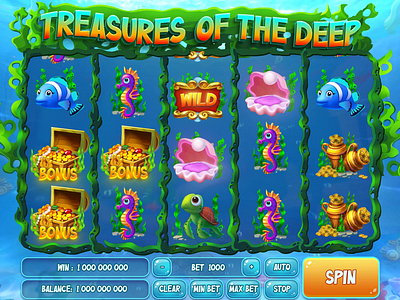 Treasures of the Deep WIN Animation 3d animation bonus bonusanimation casinogames casinoslot classicslot classicsymbols design graphic design illustration motion graphics ui