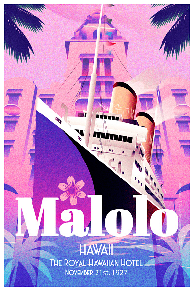 Art Deco in Hawaii - Commercial Art art deco design hawaii illustration malolo ocean liner pink hotel poster royal hawaiian hotel ship travel vintage