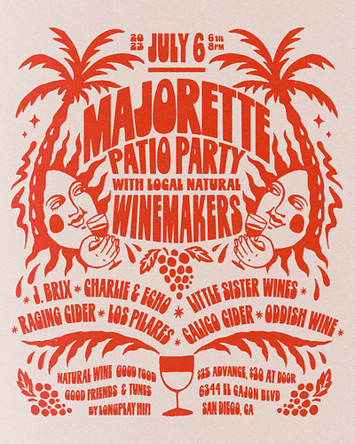 Majorette Patio Party flyer grapes hand drawn illustration natural palm tree poster retro san diego sun wine