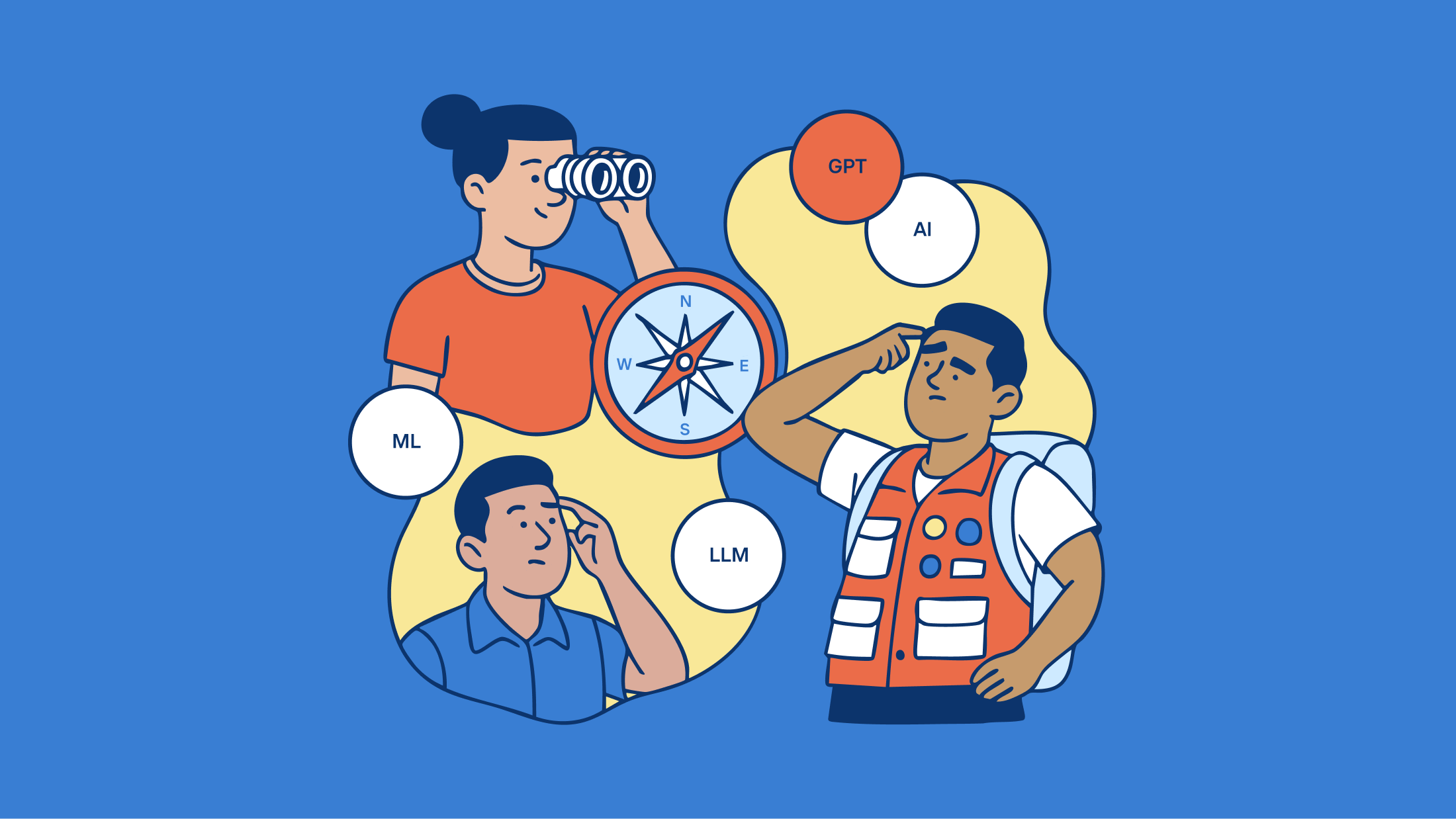 Navigating AI ai backpack bold bright compass dark explore explorer flat gpt illustration llm machine learning ml navigate navigator new tech tech technology vector